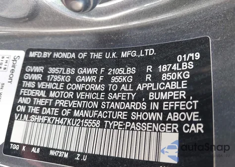 2019 Honda Civic Sport from USA, damaged, VIN SHHFK7H47KU215558